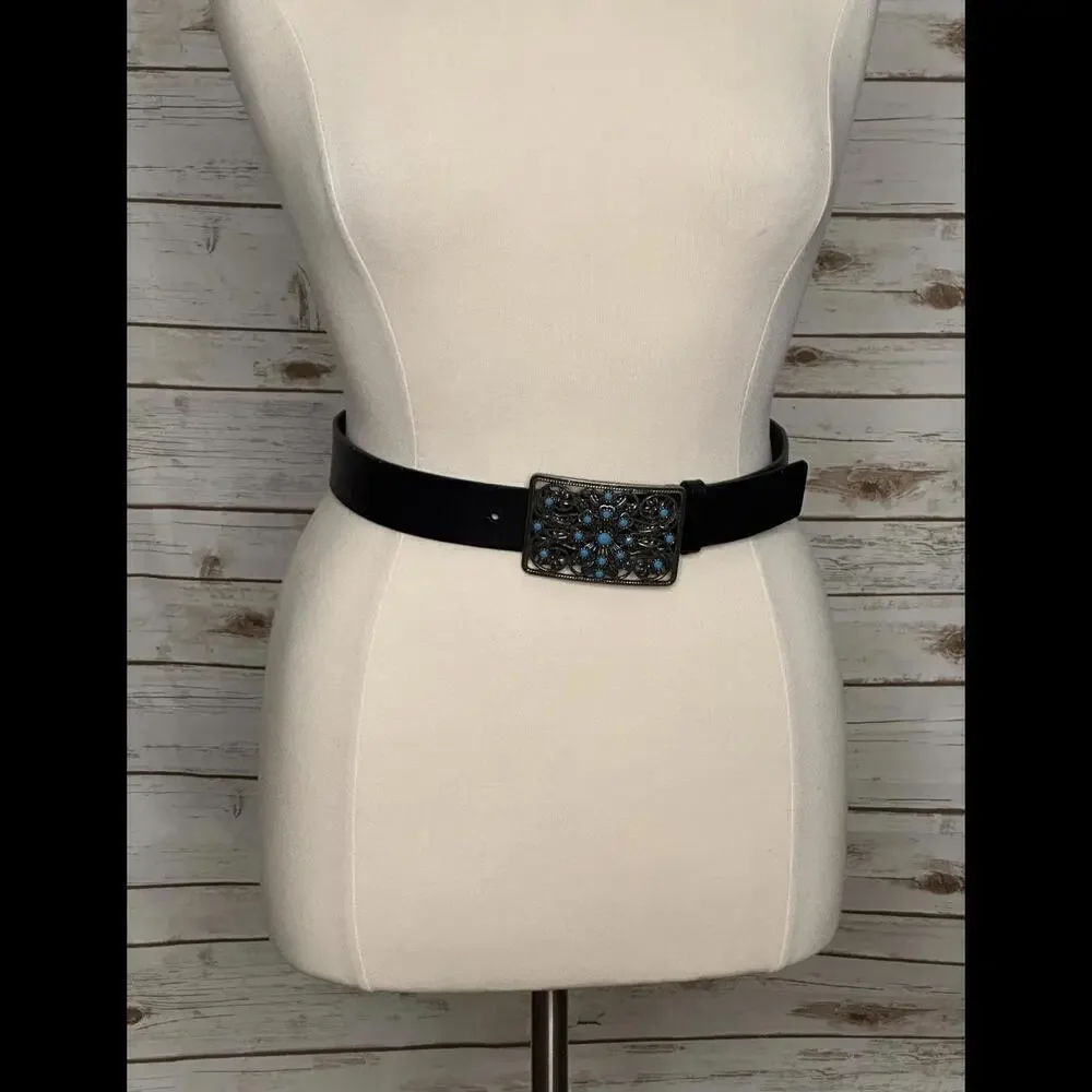 Western-style antique silver turquiose stone leather belt Size Medium